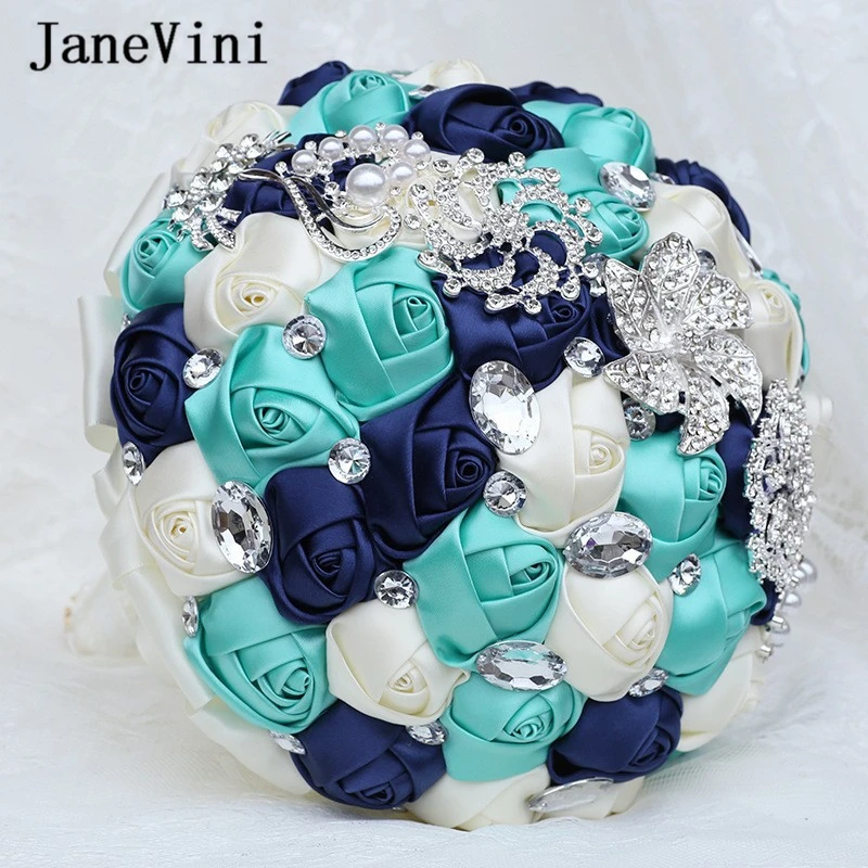 JaneVini Luxury Vintage European Wedding Bride Holding Flowers Bouquets Ribbon Rhinestone Handmade Satin Rose Bouquet Customized