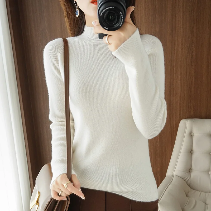 2022 half high neck cashmere sweater women\'s winter cashmere Pullover knitted women\'s long sleeve thick loose Pullover