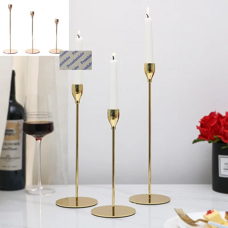 3Pcs/Lot North Europe Stick Candle Single Stand Holder Wedding Dinning Table Decorative Candlestick Shiny Rose Gold