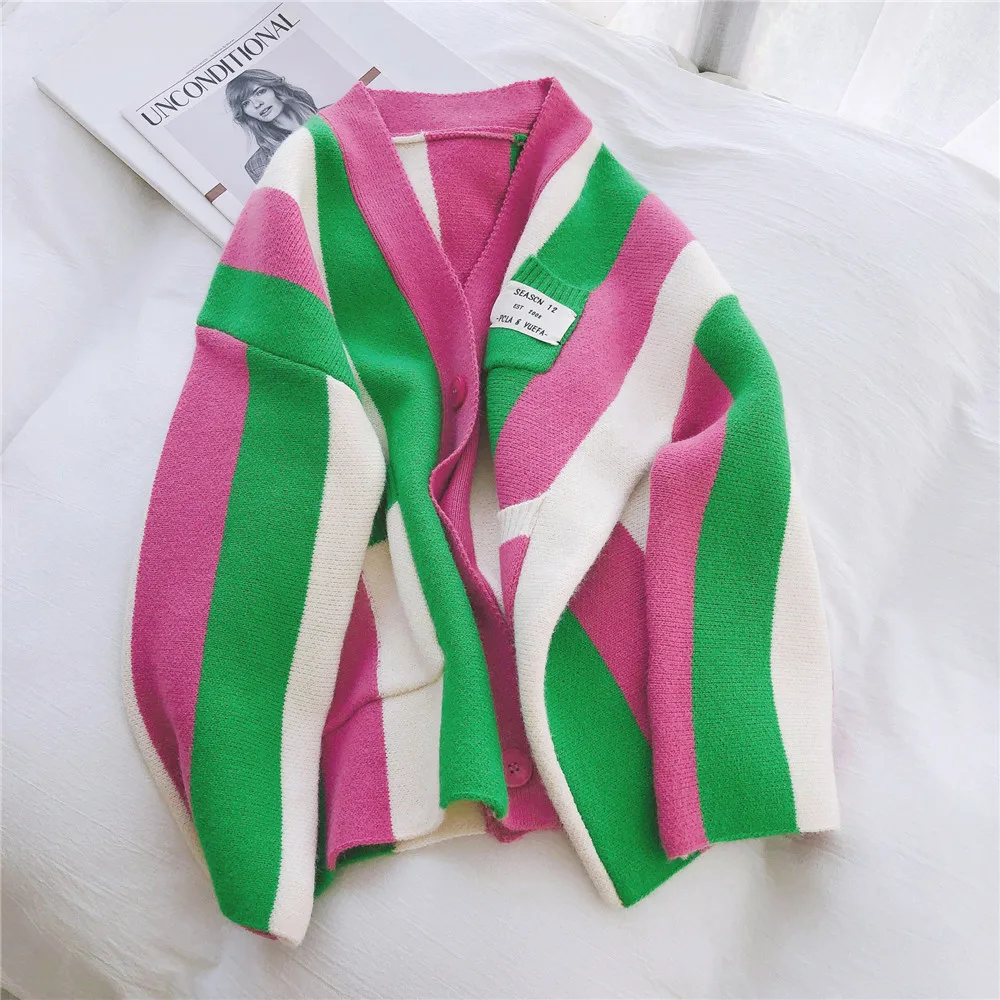 Popular Pink Green Striped Color-block Knitted Cardigan Loose Greek Sorority A Sign Club Sweater Coat For Girl Women