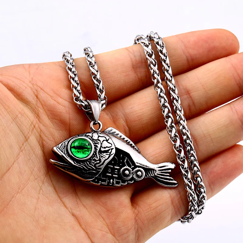 Beier 316L stainless steel Unique 3D Design Fish Bones Green Evil Eyes Men\'s Pendant Punk Animals High Quality Jewelry LLLHP093P