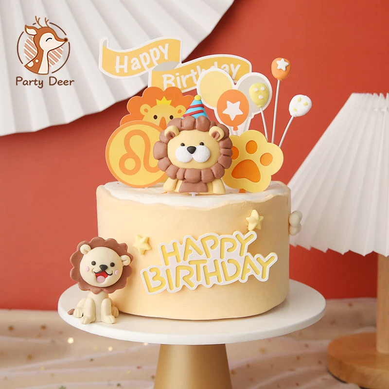 Woodland Amimals Happy Birthday Cake Toppers Yellow Cake Decor Forest Lion LEO Constellation Happy Birthday Party Decor Kids