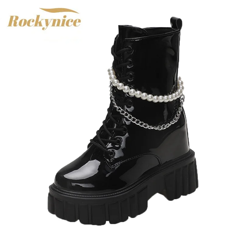 2022 Thick Heel Ankle Boots Chunky Sneakers Women High Heels Winter Platform Patent Leather Woman Shoes 10CM Wedges Long Boots