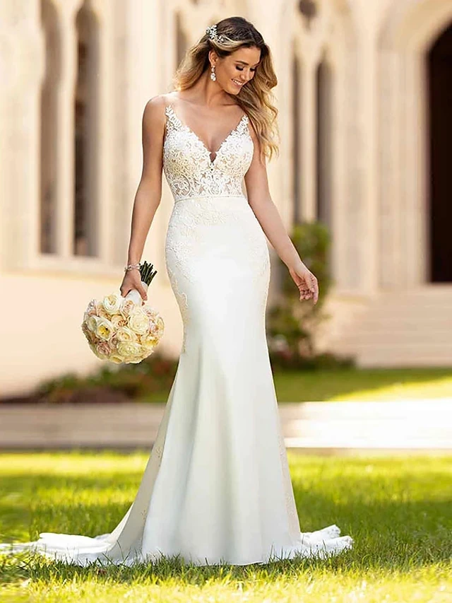 Abiti da sposa Boho scollo a V corte dei treni pizzo cinturino per Spaghetti abiti da sposa Casual senza schienale Robe De Mariee