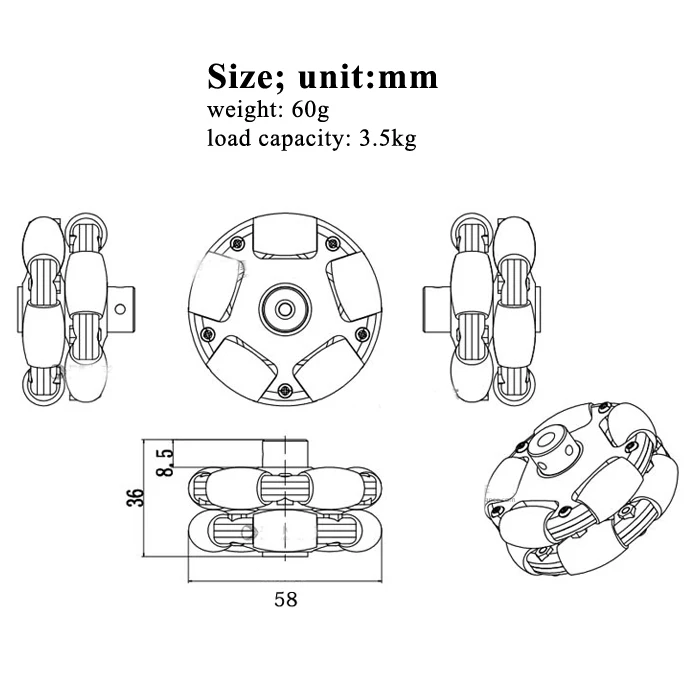 58mm Omni Wheel Fulai Tires DIY ROS Robot Car Kit with 3456mm Couplings Omnidirectional Moving Wheel 90 ° Tires DIY Parts