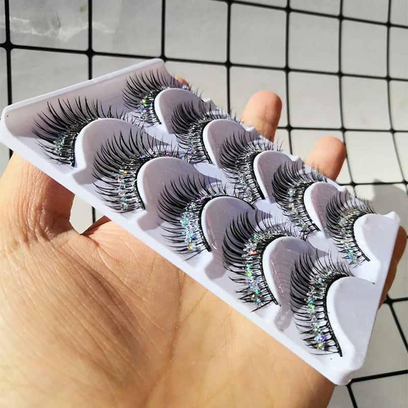 5Pairs Handmade Eyelashes Silver Glitter Thick Fake Eyelashes Beauty Makeup Stage Performance Latin High Quality False Eyelashes