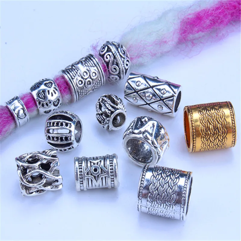 5pcs Vintage Antique Silver Gold Dreadlock Beads Hair Ring Hair Braid Bead Dread Hair Cuffs Clips DIY Hairdress Hairpin Braider