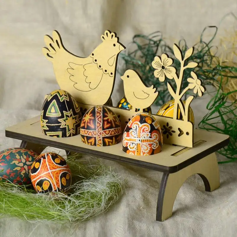 

Wooden Easter Egg Stand Shelves Easter Party Ornament DIY Wood Chick Rabbit Holder Tray Rack Happy Easter Party Decor Kids Gift