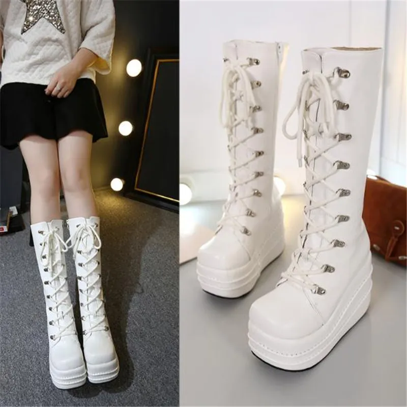 Big Size 34-43 Womens Fashion Punk Style White/Black Cosplay Boots Square Toe Wedges Platform Boots Leather Long Boots