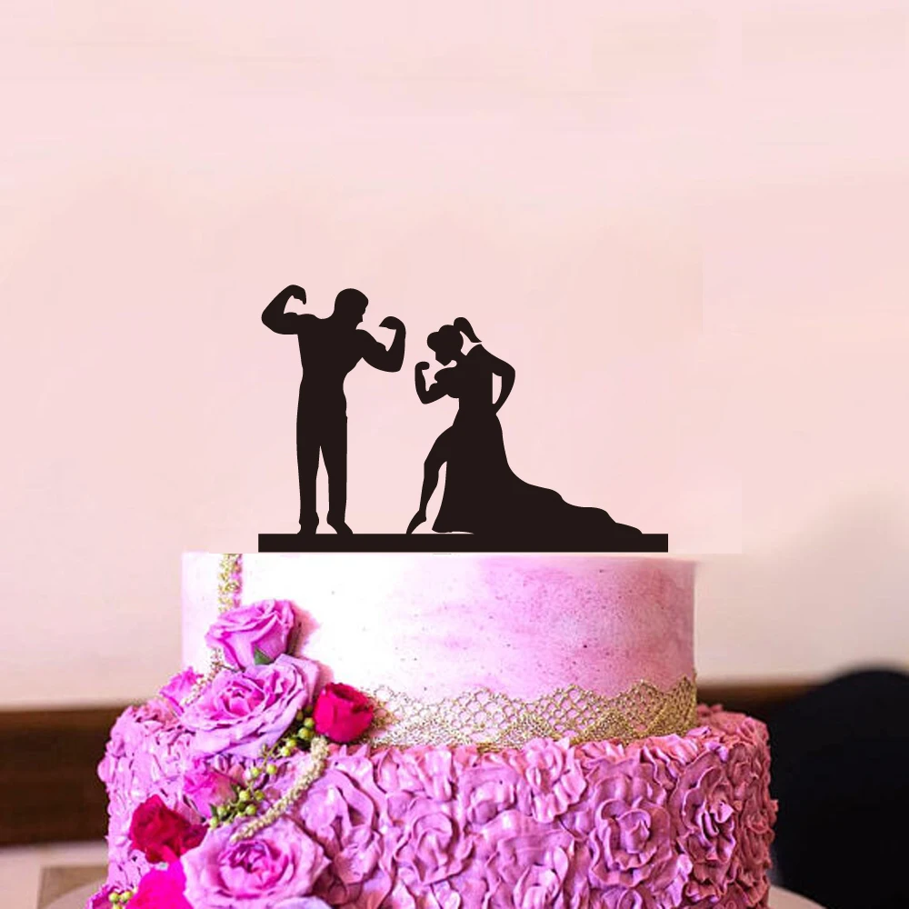 Funny Style Wedding Cake Topper Bride & Groom Shooting Cake Topper MR & Mrs Black Acrylic Cake topper Weightlifting Decoration