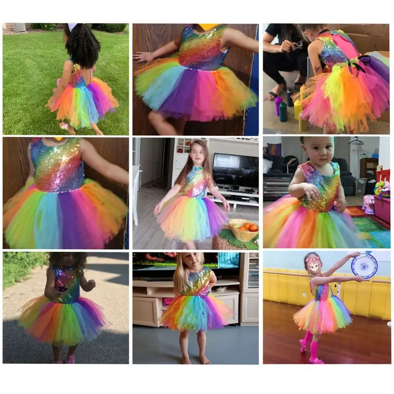 Children Dance Costume Princess Cosplay Rainbow Sequined Mesh Colorful Tutu Dress Masquerade Party Role Play Kids Clothes