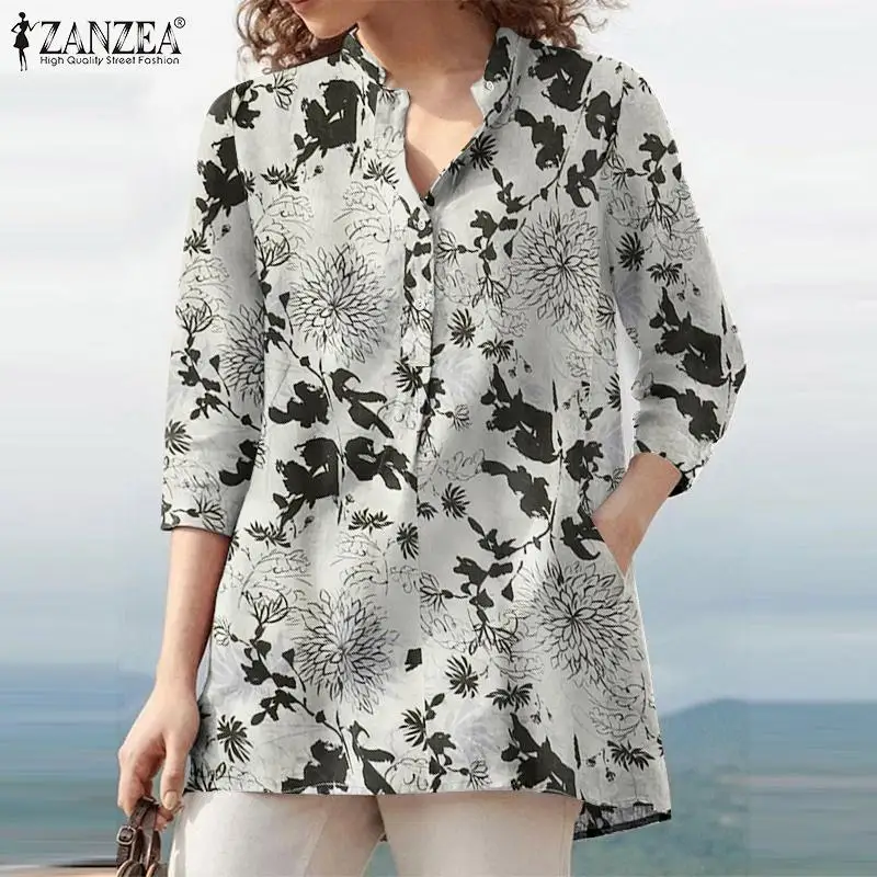 ZANZEA-Blusa con estampado Floral para mujer, camisa bohemia de manga 2023 para vacaciones, blusa informal para fiesta, 3/4