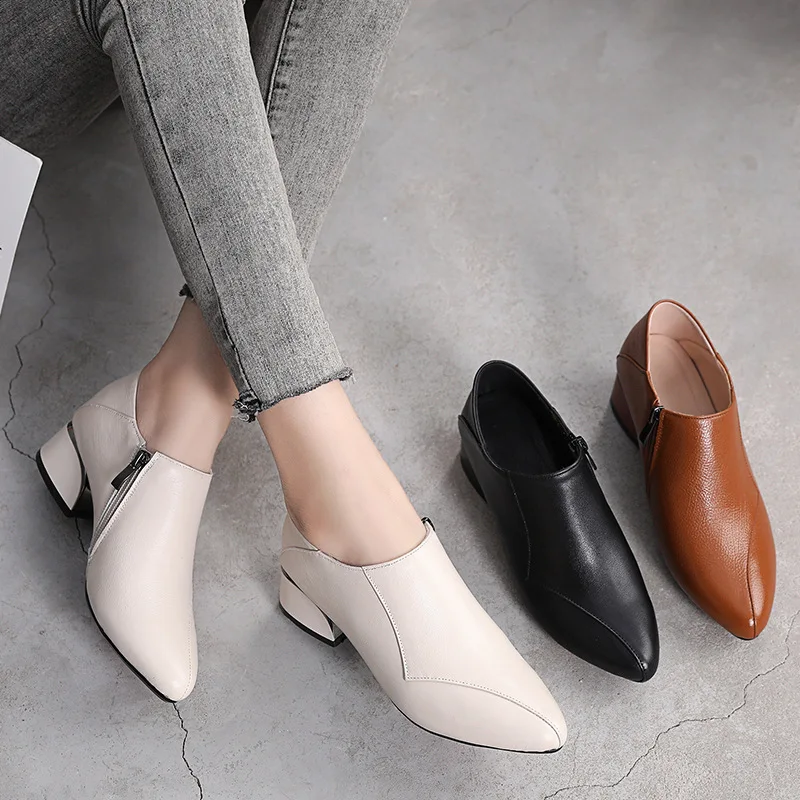 GKTINOO Pointed Toe Mid Heels Women 2024 Autumn Single Shoes Woman Soft Genuine Leather Shoe Square Heel Female Side Zip