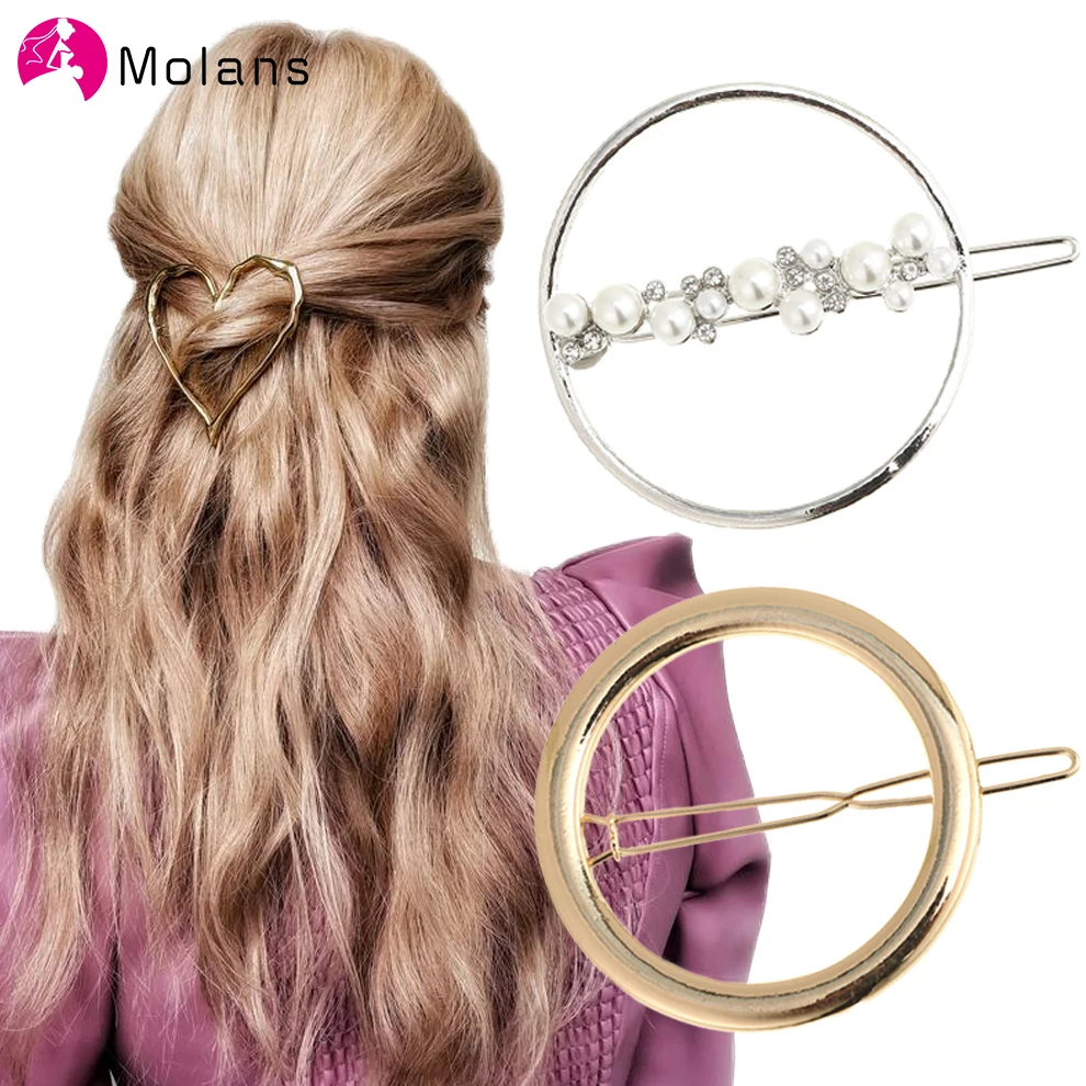 Molans Fashion Metal Geometric Hair Clip Rhinestone Pearl Round Barrette for Women Girls Sweet Hairpin Hairgrip Hair Accessories