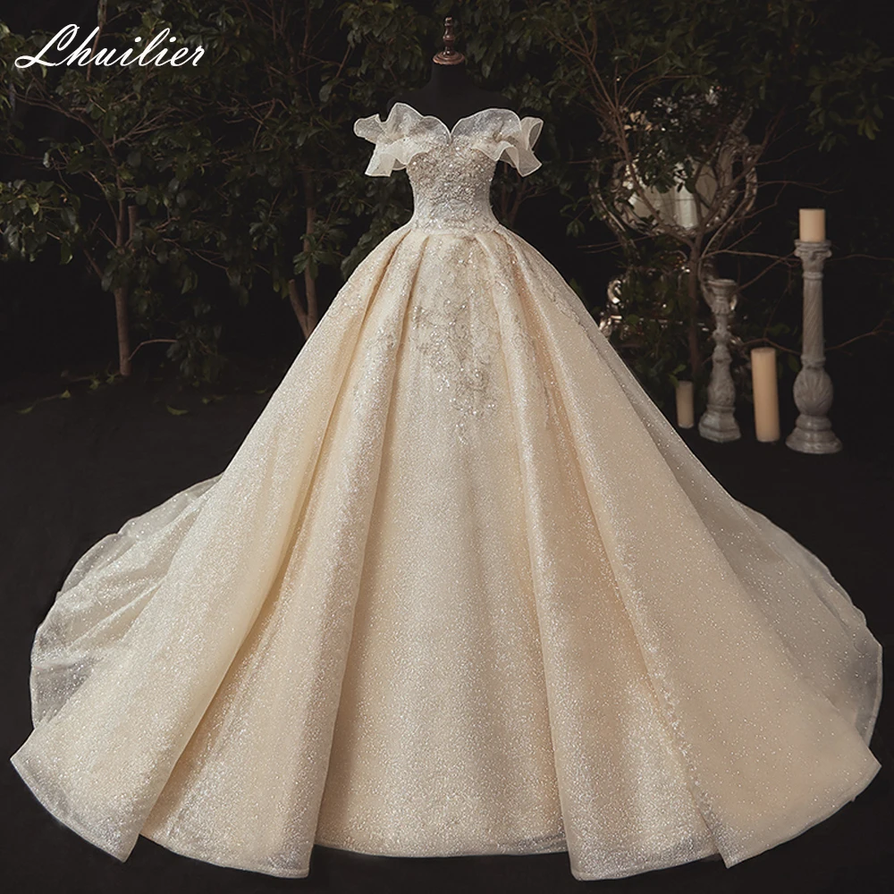 Lhuilier Customized Ball Gown Ruffled Wedding Dresses Off the Shoulder Shiny Tulle Bridal Dress with Chapel Train