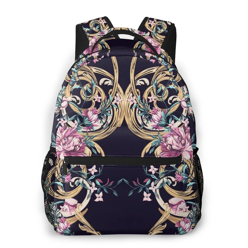 WHEREISART Retro Golden Floral Baroque Pattern Backpacks Junior Youth School Bags Kids Teen Girls Casual Satchel Mutipurpose