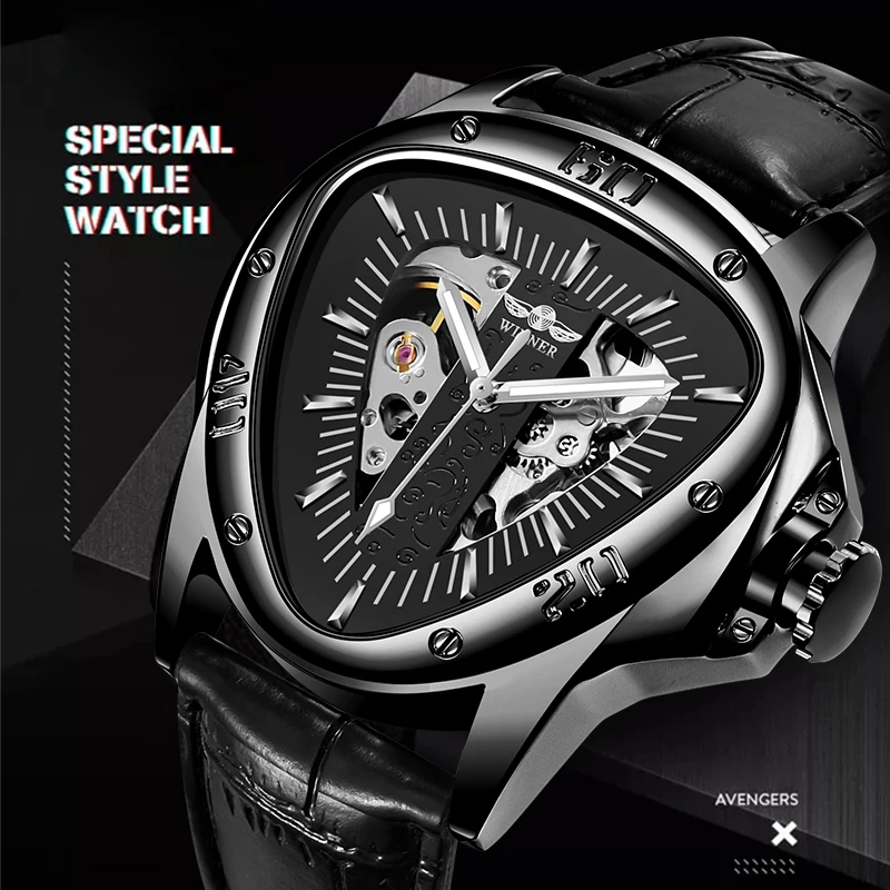 Winner Full Black Unique Triangle Dial Design Luminous Hand Sport Clock Male Mechanical Automatic Watches Top Brand Luxury Clock