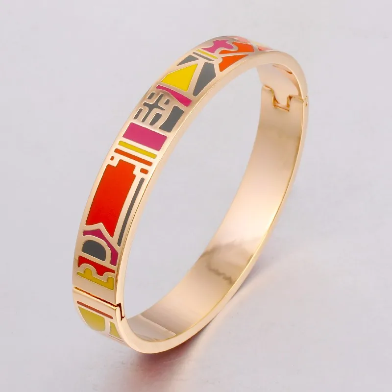 Color Culture New Fine Color Design Pattern Gold-color Opening Enamel Bracelet for Women Stainless Steel Bangles Ethnic Jewelry