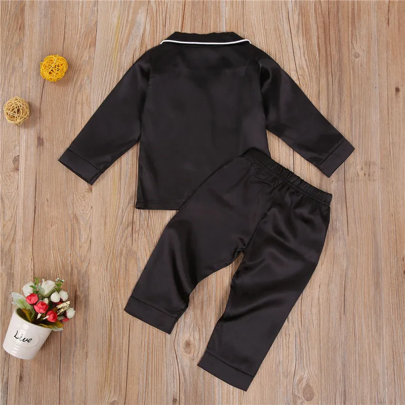 Ensemble de pyjama en satin noir pour bébé garçon, haut à manches longues, pantalon, chemise de nuit décontractée, vêtements de nuit pour enfants,