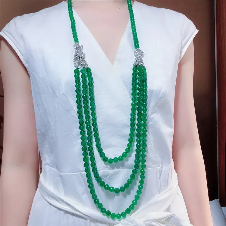 

3Strands Green Round Agate Gems Stone CZ Pendant Necklace For Women Lady Jewlery