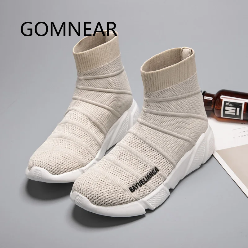 GOMNEAR Woman Socks Shoes Casual Black Sneakers Vulcanized Shoes Female Slip-on Mesh Shoes Light Platform Walking Shoes Brand