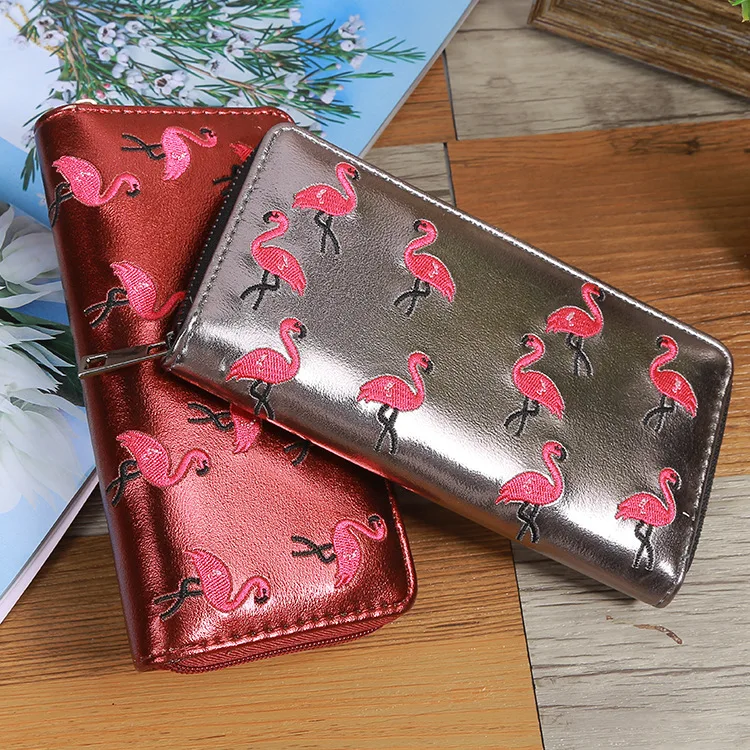 Fashion Women Zipper Long Wallets Laser PU Leather Flamingo Embroidery Clutch Purse For Female Lady Card Cash Wallet