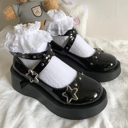 Lolita Shoes Star Buckle Mary Janes Shoes Women Cross-tied Platform Shoes Patent Leather Girls Shoes Rivet Casual Shoes 2024