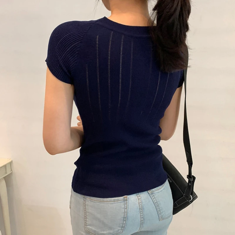 LJSXLS Slim Knitted Jumper Women\'s Sweater Summer O Neck Casual Button Sweaters Women Solid Elegant Short Sleeve Tops Femme