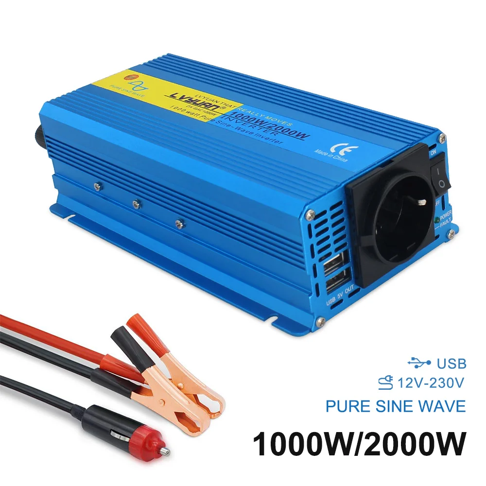 

2000W pure sine wave power inverter DC12V To AC220V 230V CAR CAMPING BOAT Converter Voltage transformer 3.1A 2 USB EU PLUG blue