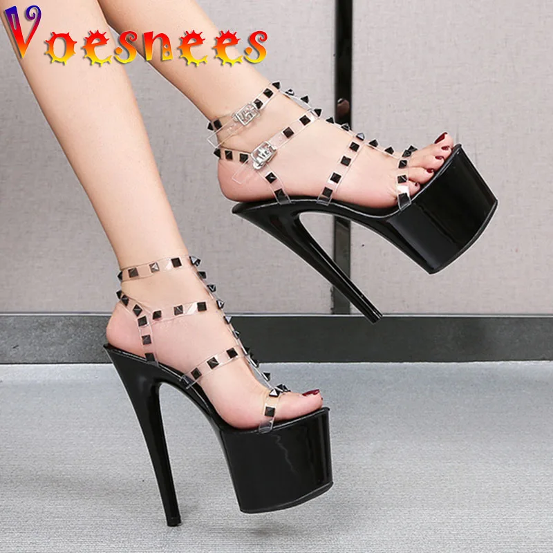 

Women Sandals 2021 New Fashion Transparent Rivet High Heels Sexy Open Toe Party Club Ladies Buckle Straps Summer Stiletto Shoes