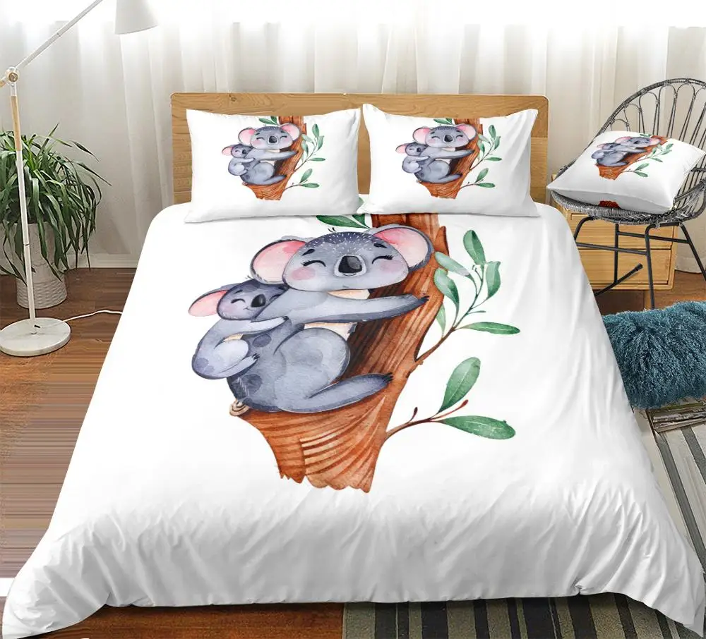 Koala Family Bedding Kids Cartoon Animal Duvet Cover Set Tree Leaf White Quilt Cover Cute Bed Set Watercolor Animal Dropship