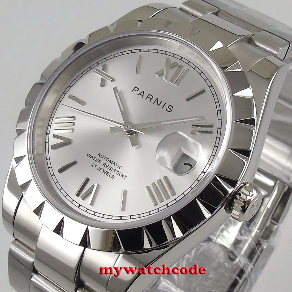 Orologio da uomo automatico Miyota con datario in vetro zaffiro e quadrante argentato PARNIS da 39 mm