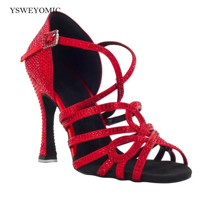 Zapatos de baile latino para mujer, Calzado con suela exterior de gamuza de alta calidad, de cristal satinado rojo, personalizado para interiores,