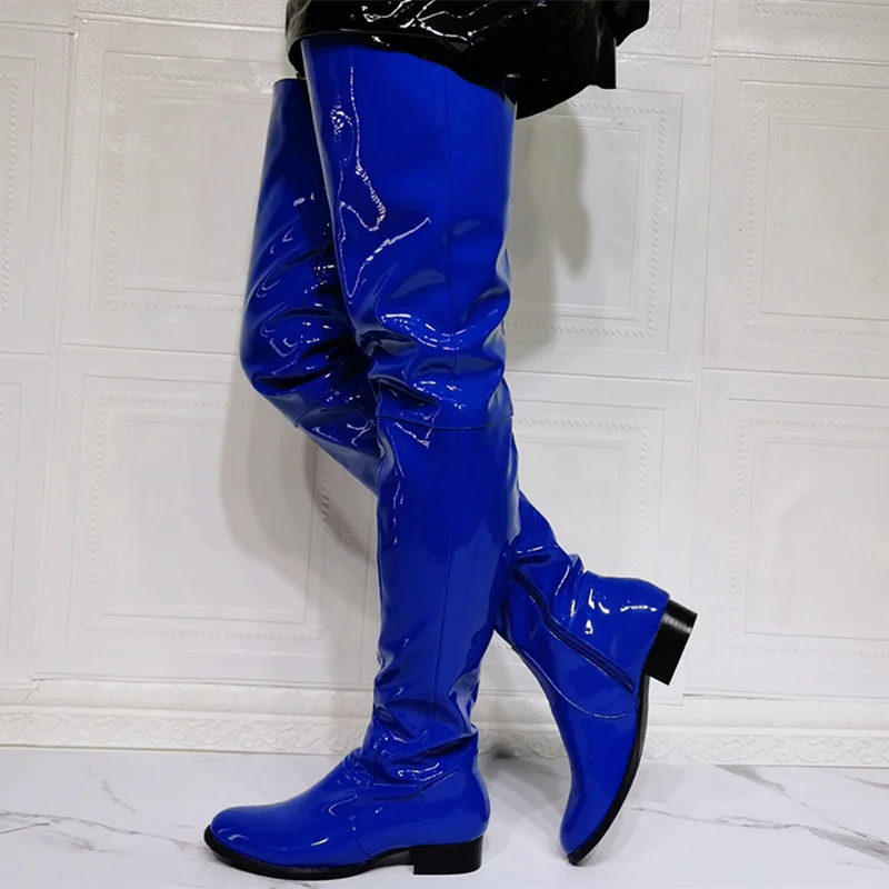 Custom Big Size 47 Blue Patent Leather Shoes Boots Round Toe Low Square Heel Women Over Knee High Boots Thigh Fashion