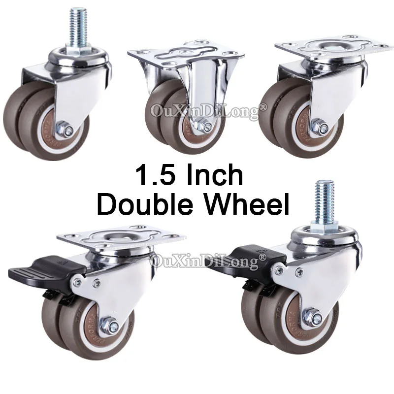 

4PCS Heavy Duty 1.5” Swivel Rubber Double Wheels M10/M12x25mm With Brake Casters Furniture Replacement Casters Load 135KG GF689