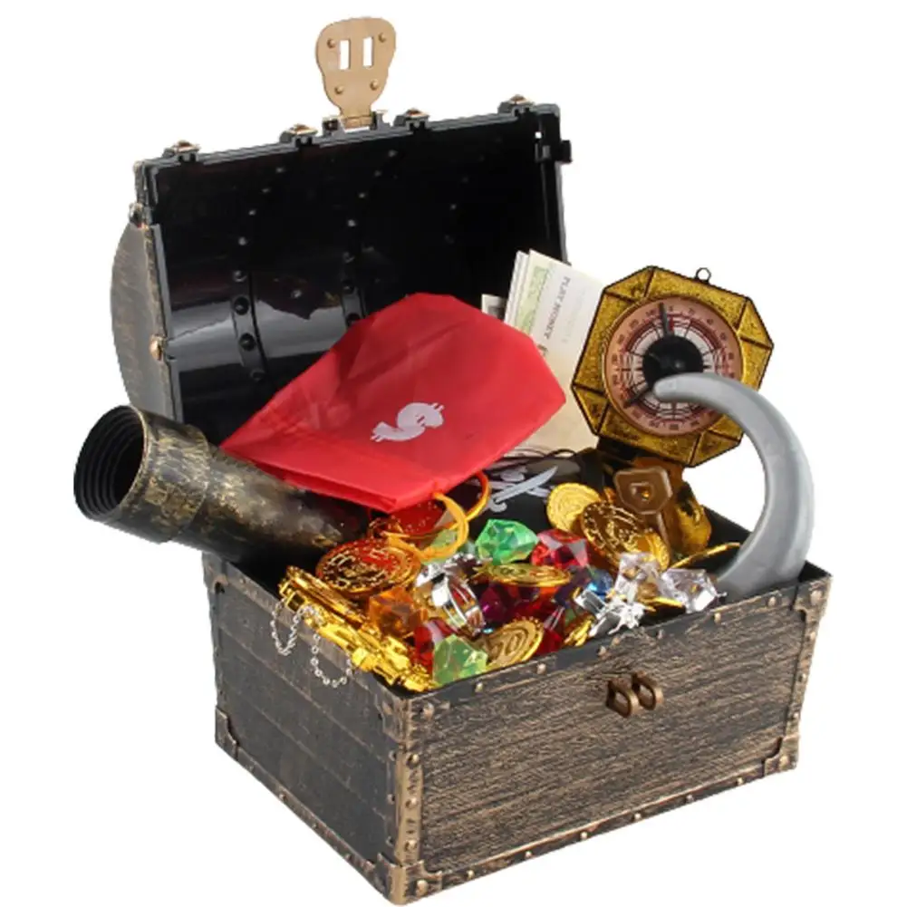 143pcs Kid Pirate Chest Box Golden Box Toy Kit Pirate Eye Sticker Retro Pirate Chest Children's Treasure HuAnt