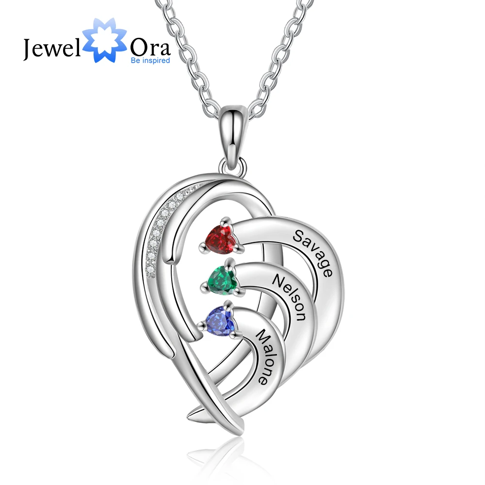 

Personalized Engraved Name Necklace with 2-4 Inlaid Birthstone Romantic Heart Pendants Customized Christmas Gift for Mother