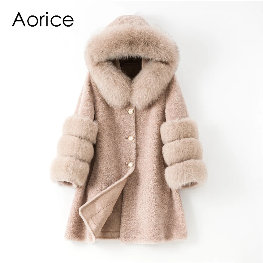 

Aorice Women Real Fox Fur Collar Hood Jacket Coat Female Wool Fur Long Parka Plus Size Coats Jackets H215