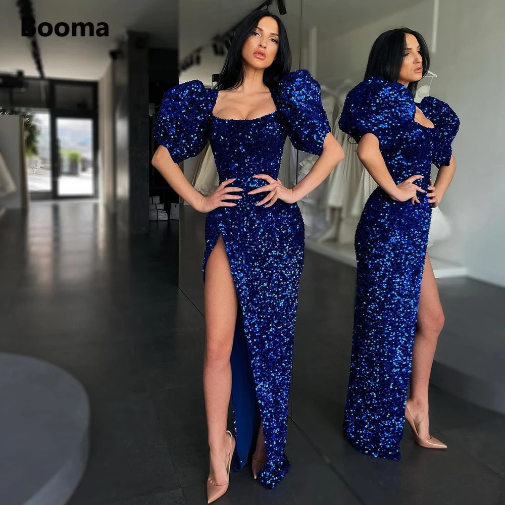 

Booma Royal Blue Sequin Evening Dresses Square Short Puff Sleeves High Side Split Evening Gowns Column Long Formal Party Dresses