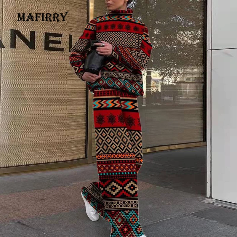 2024 Set Woman 2 Pieces Printing Casual Spring Autumn Loose Turtleneck Wide Leg Pants Ladies Outfit Long Sleeve Streetwear Suit