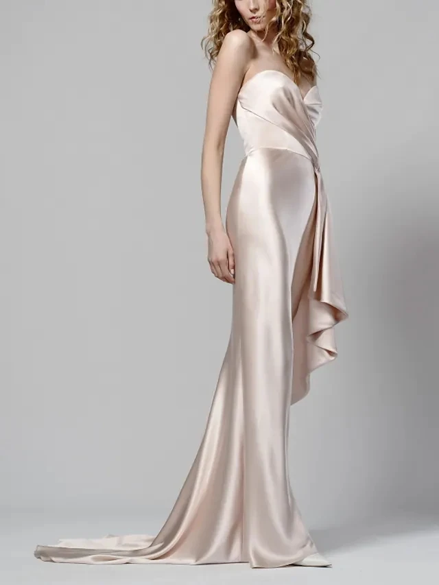 Robe De Soirée longue en Satin, élégante, Simple, sans bretelles, Champagne, tenue De bal