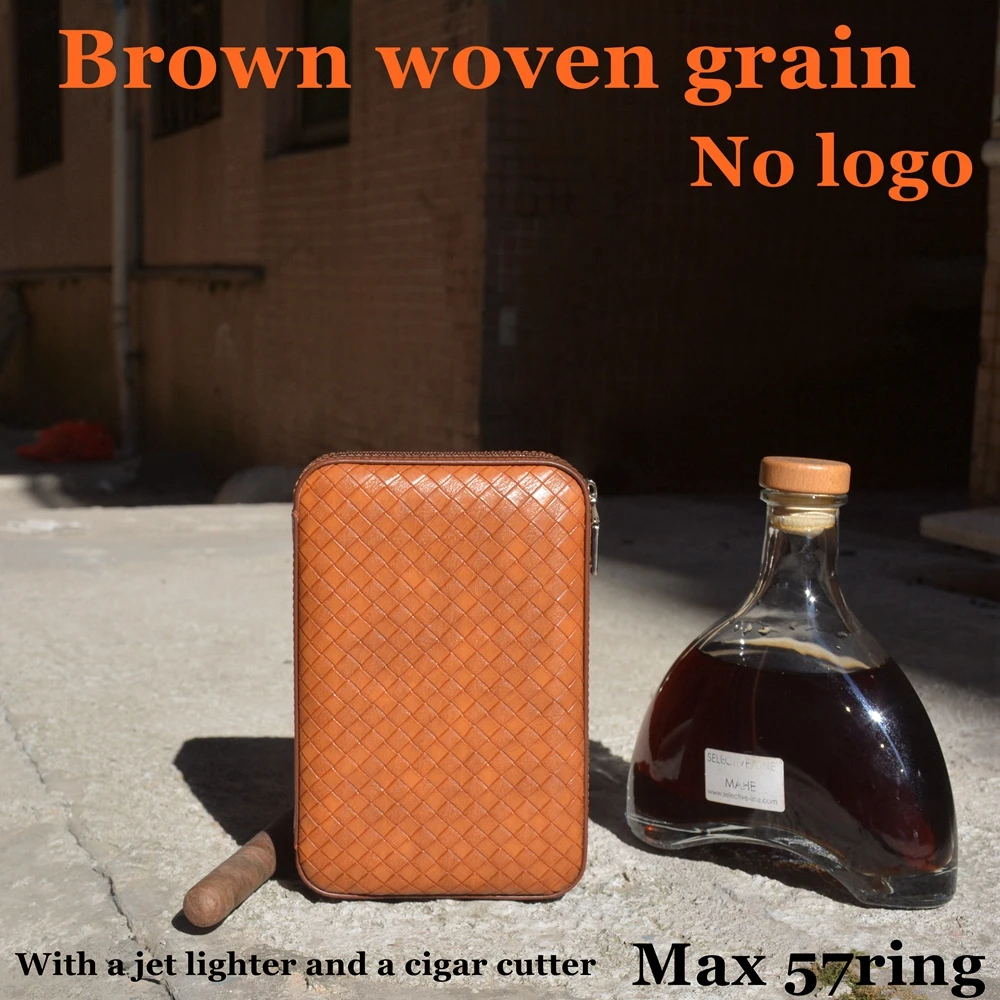 Brown Woven Grain Travel Cigar Humidor Fit For 4 Cuba Habanos Max 57 Ring With A Cigar Jet Lighter A Cigar Cutter