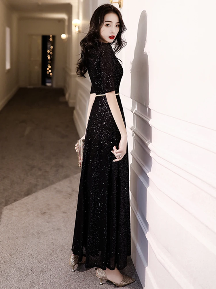 Customized AE0367 Black Long Evening Dresses 2024 Elegant O Neck  A Line Sequined Formal Dress Party Gown robe de soiree