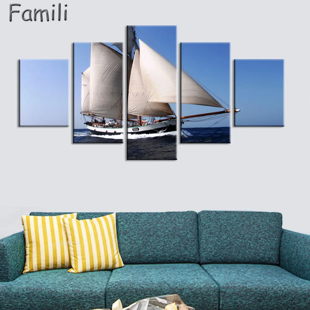 5Pieces/set Sail Boat Canvas Arts Wall Pictures For Living Room Modern Poster and Printed Wall Canvas Art Home Decor Unframed