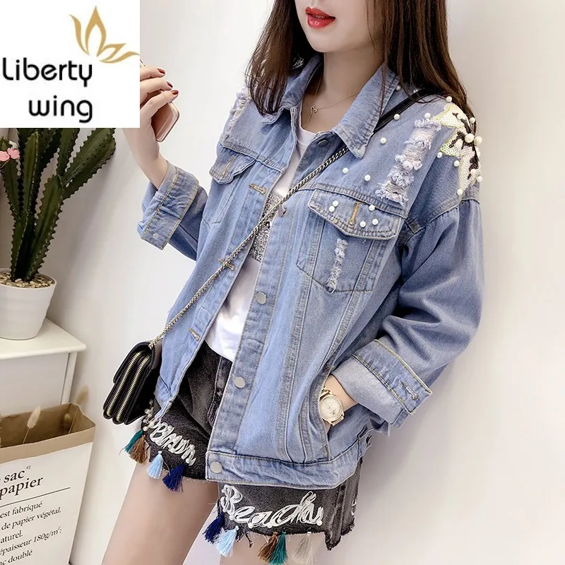 Lỗ Rách Dài Tay Điện Đơn Ve Áo Nữ Áo Khoác Denim Mùa Xuân Mới Thương Hiệu Thêu Pháo Sáng Kim Sa Lấp Lánh Nữ Rời Áo