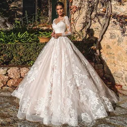 El más nuevo vestido De baile vestido De novia De manga larga bata De Mariee ilusión espalda Trouwjurk cuello redondo precioso Sukienka Na Wesele Brautkleid