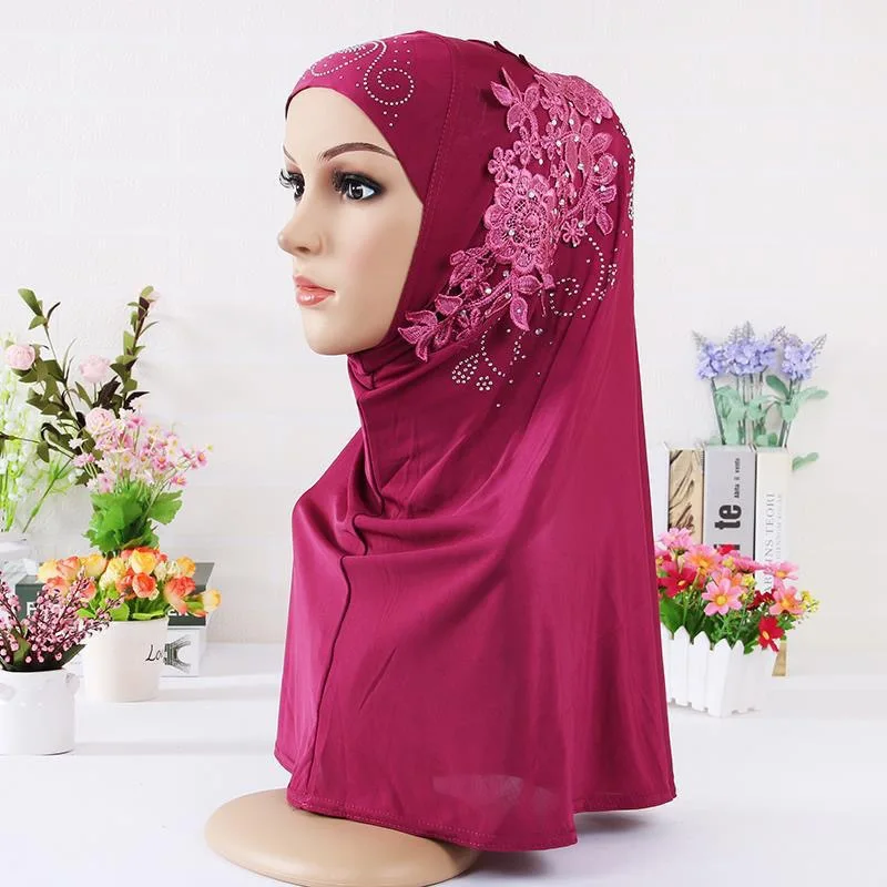 beautiful big gilrs muslim hijab with lace and stones islamic scarf shawl headscarf hat armia pull on wrap ramadan gift