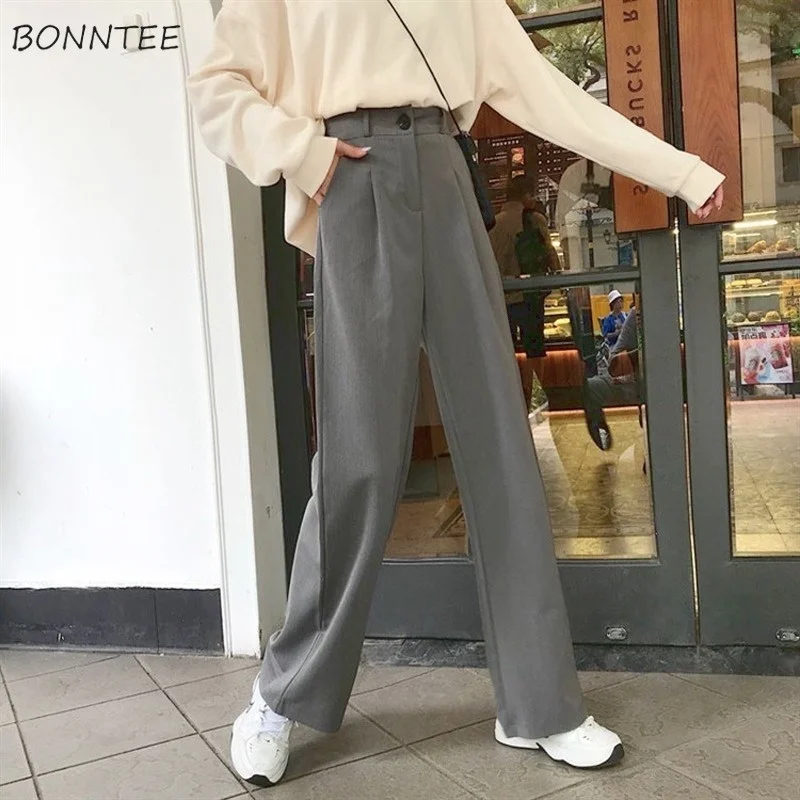 

Pants Women Casual High Waist Wide Leg 2021 New Spring Autumn Korean Style Loose Fashion Ins Pocket Solid Full Length Trousers