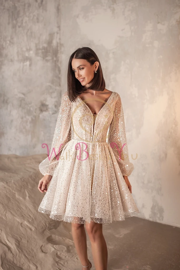 Vestido de casamento curto mini aberto mangas compridas moderno sexy simples brilho verão bride wown champagne boêmio praia tule