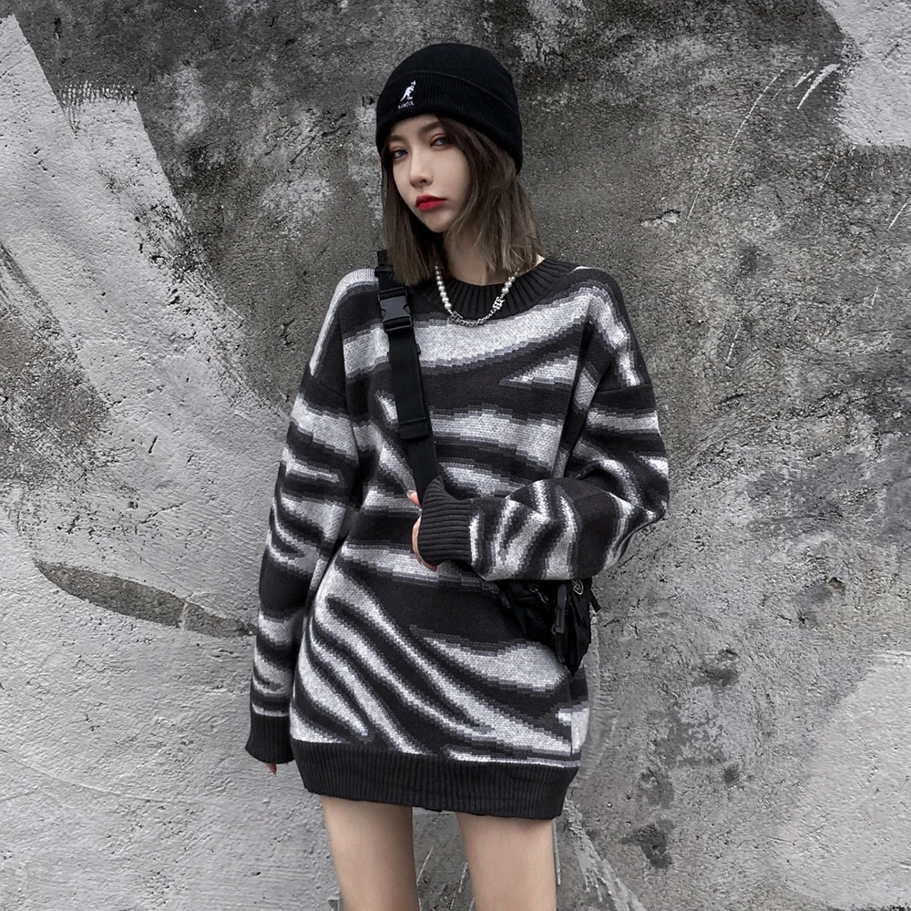 Striped Nice Fashion Gothic Long Sleeve Top Streetwear Black Sweter Women Winter Clothes Punk Goth Plus Size Woman Sweaters